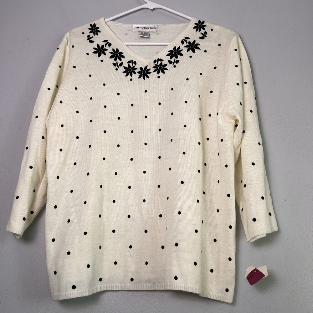 NWOT Cathy Daniels Cashmere V Neck Sweater Black Polka Dots Floral Sz L Cream